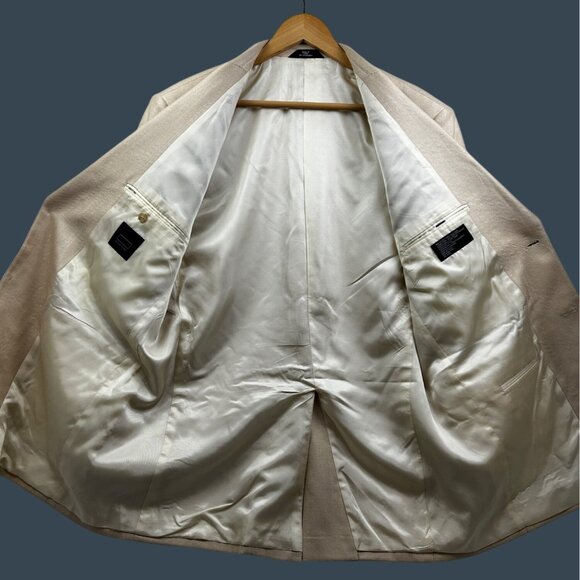 Haggar Black Label Blazer Mens 44L Beige 100% Silk Herringbone Sport Coat Luxury - Picture 3 of 9